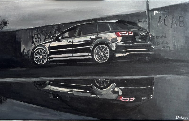 Handgemaltes Bild eines schwarzen Audi Kombis mit Spiegelung auf nassem Asphalt