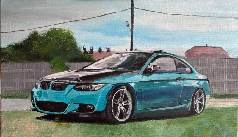 Handgemaltes Bild eines türkisfarbenen BMW 3er Coupés auf einer Wiese