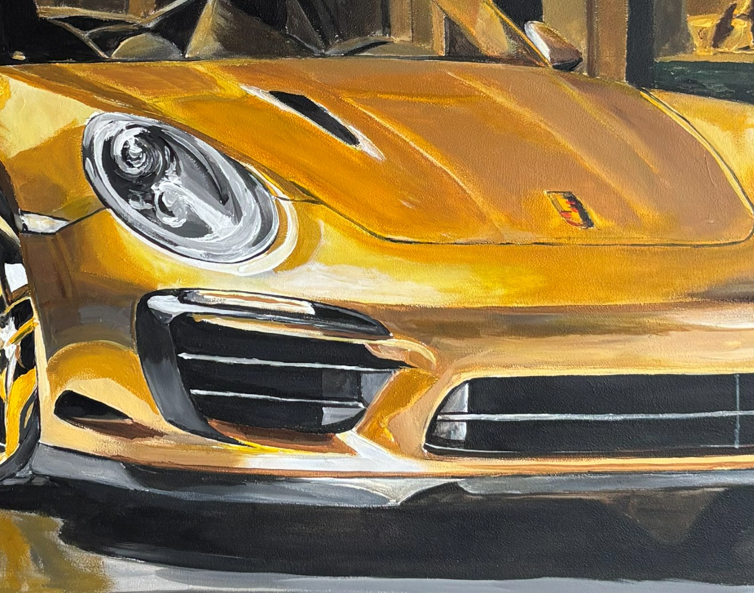 Nahaufnahme eines gemalten Porsche: sichtbare Pinselstriche und Leinwandstruktur