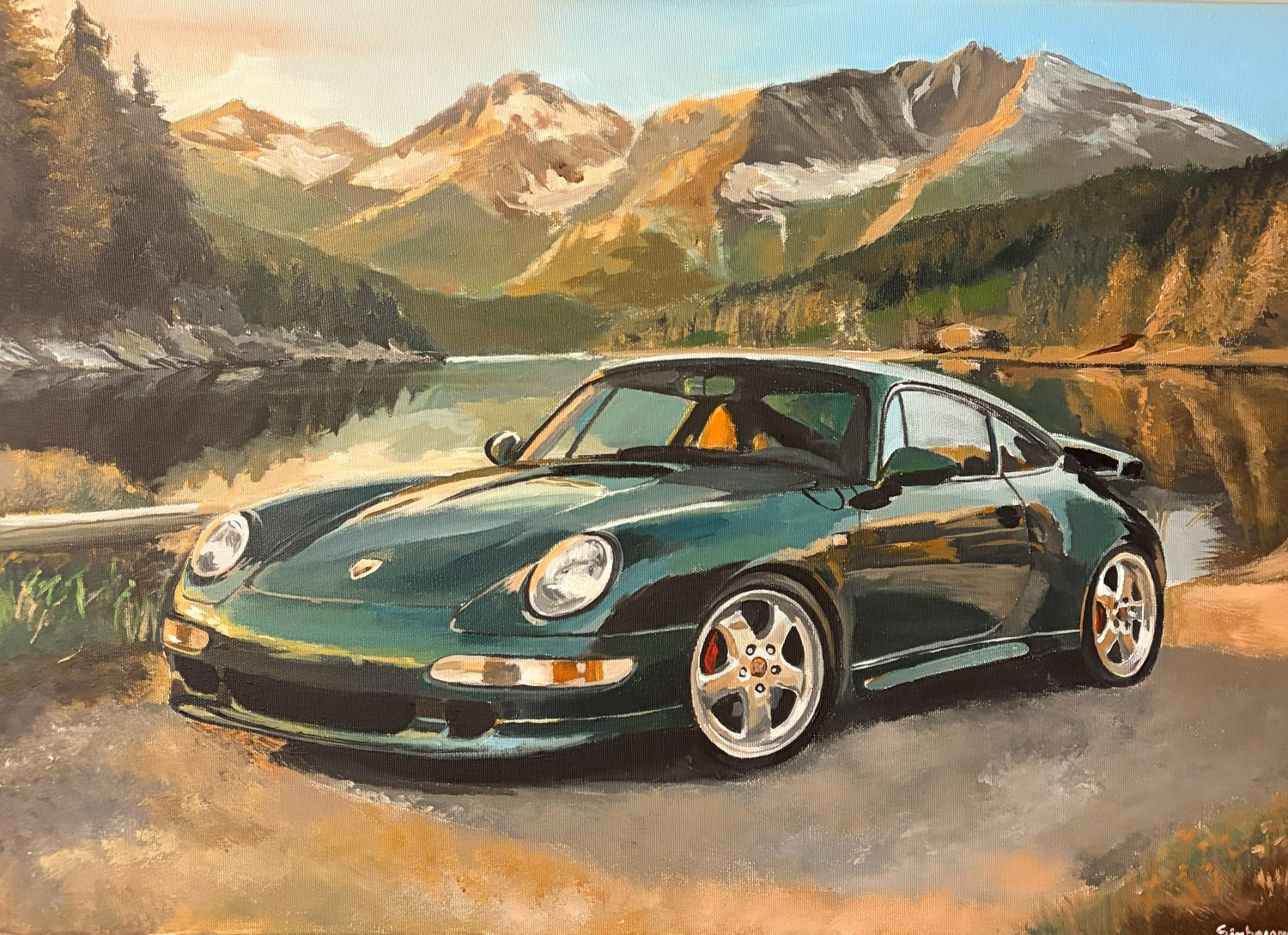 Handgemaltes Bild eines grünen Porsche 911 vor Bergpanorama, Acryl auf Leinwand