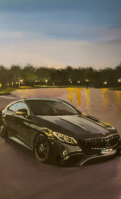 Handgemaltes Bild eines schwarzen Mercedes Coupés in der Dämmerung am Wasser