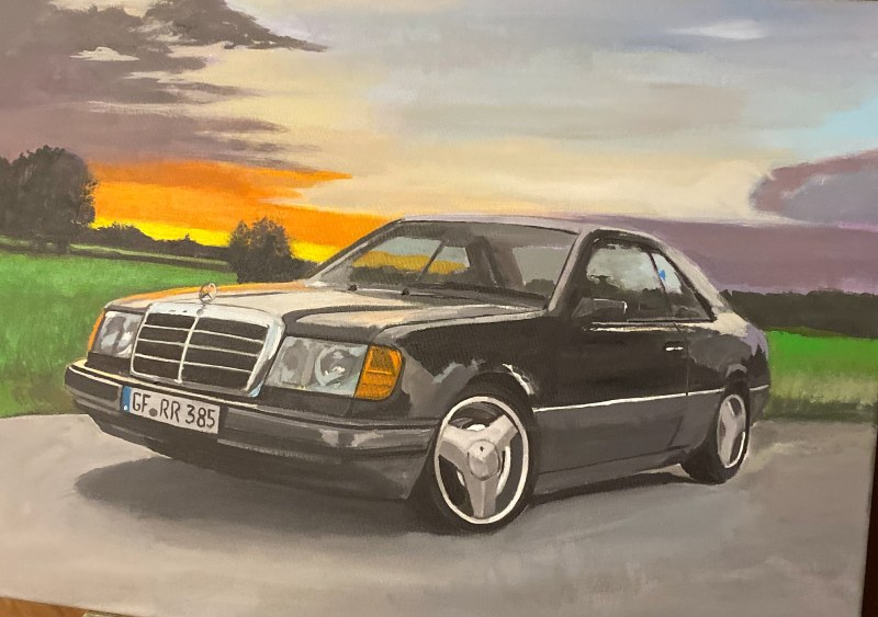 Handgemaltes Bild eines schwarzen Mercedes W124 Coupés bei Sonnenuntergang