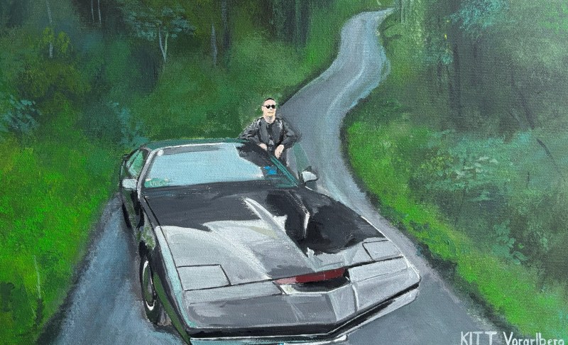 Handgemaltes Bild eines schwarzen Pontiac Firebird auf einer Waldstraße