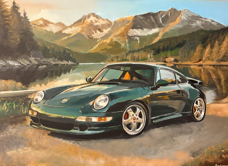 Handgemaltes Bild eines grünen Porsche 911 vor Bergsee und Alpenpanorama