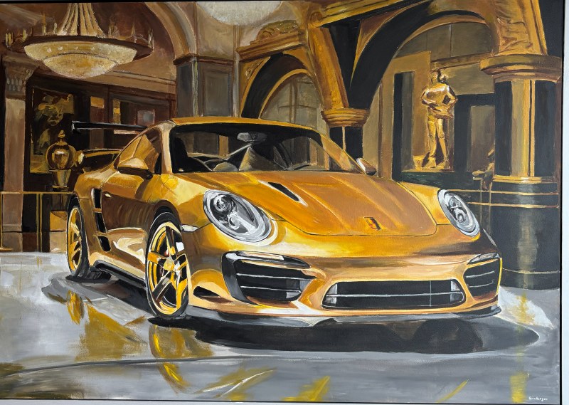 Handgemaltes Bild eines goldenen Porsche 911 Turbo in prunkvoller Halle