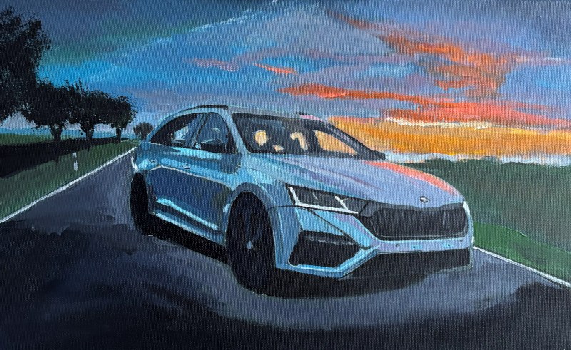 Handgemaltes Bild eines blauen Škoda RS auf einer Allee im Sonnenuntergang